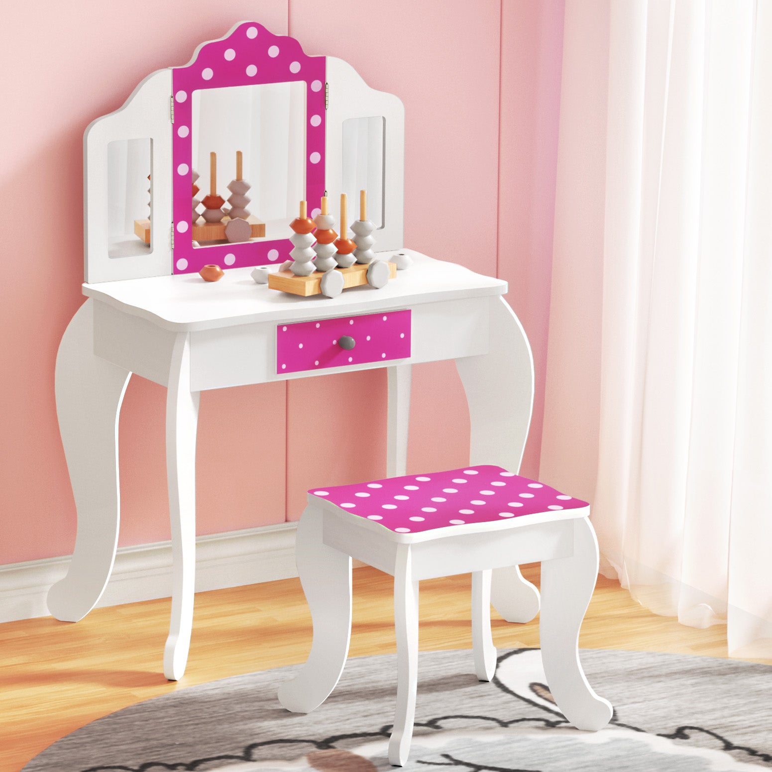 Kids Dressing Table Vanity Makeup Chair Set Pink