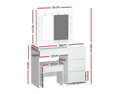 Dressing Table LED Makeup Mirror Stool Set 12 Bulbs Vanity Desk White
