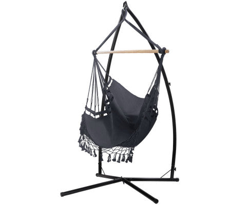 Hammock Chair with Steel Stand Tassel Hanging Rope Hammock Grey