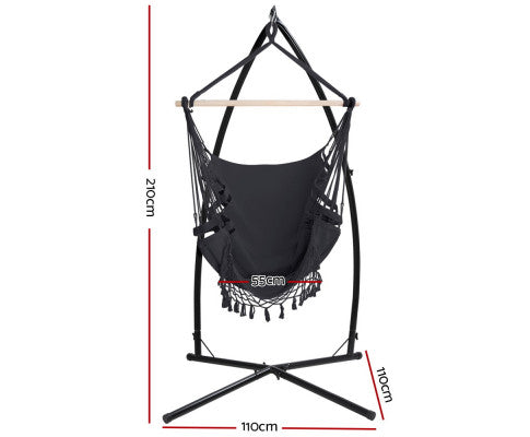 Hammock Chair with Steel Stand Tassel Hanging Rope Hammock Grey