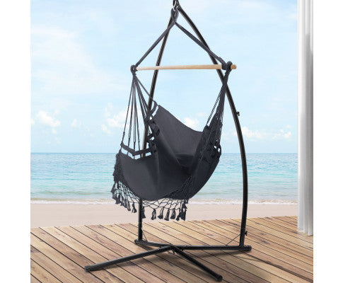 Hammock Chair with Steel Stand Tassel Hanging Rope Hammock Grey