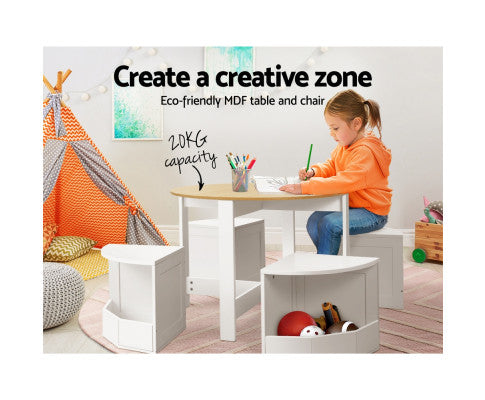 5 PCS Kids Table and Chairs Set Storage Chair Wooden Play Study Desk Sets