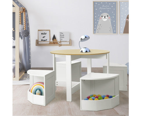 5 PCS Kids Table and Chairs Set Storage Chair Wooden Play Study Desk Sets