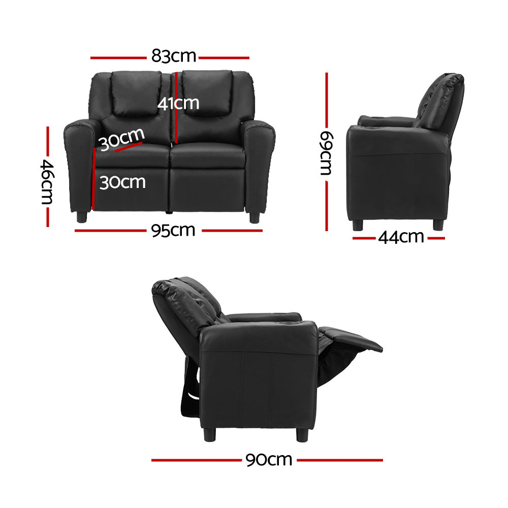 Kids Recliner Chair Double PU Leather Sofa Lounge black