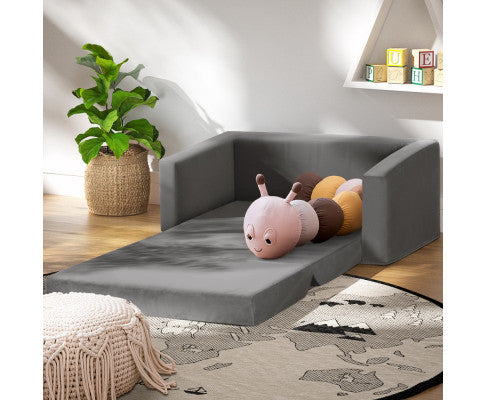 Convertible Sofa 2 Seater Children Flip Open Couch Lounger Grey
