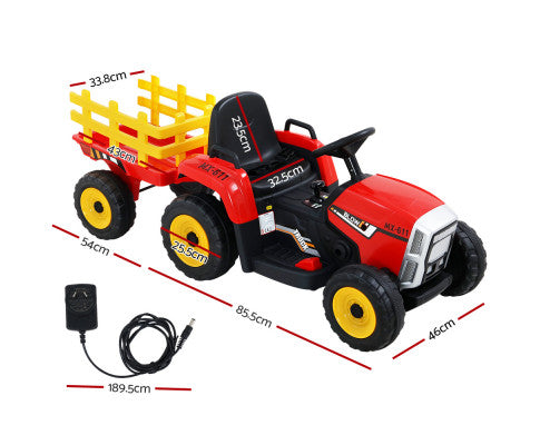 Ride On Car Tractor Trailer Toy Kids Electric Cars 12V Battery Red
