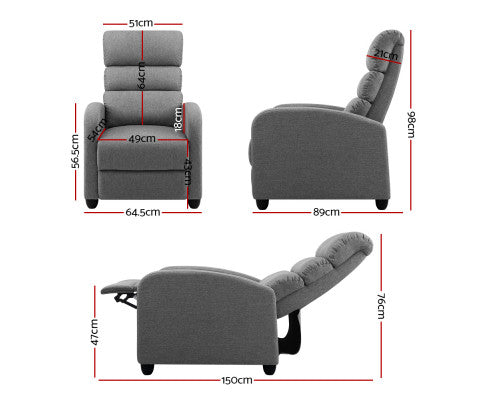 Luxury Recliner Chair Chairs Lounge Armchair Sofa Fabric Cover Grey