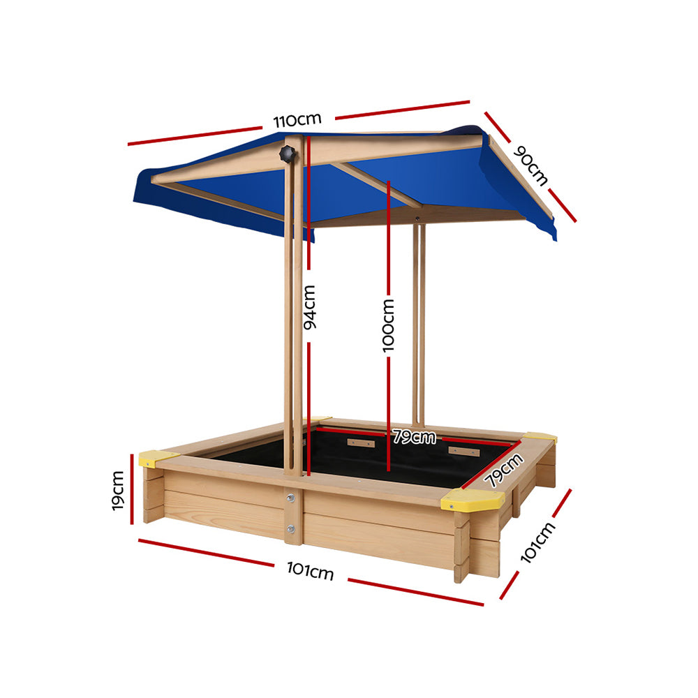 Kids Sandpit Wooden Sandbox Sand Pit with Canopy Bench