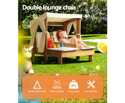Kids Outdoor Double Wooden Lounge Chair with Canopy Chaise Cup Holders