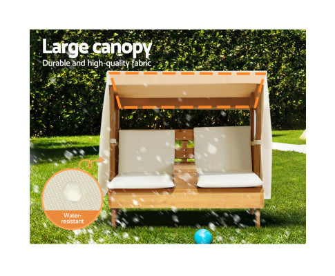 Kids Outdoor Double Wooden Lounge Chair with Canopy Chaise Cup Holders