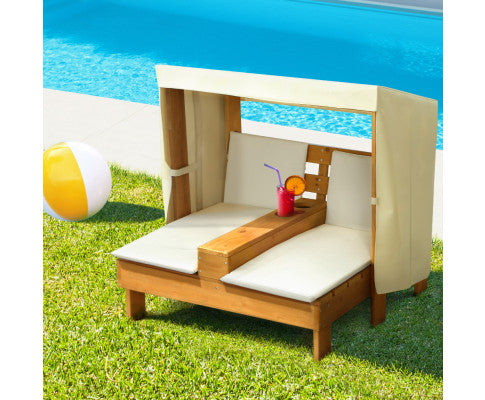 Kids Outdoor Double Wooden Lounge Chair with Canopy Chaise Cup Holders