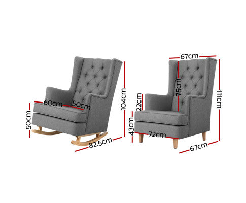 Rocking Armchair Feeding Chair Linen Fabric Armchairs Lounge Retro Grey