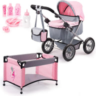 Dolls Pram & Travel Bed Set - Fairy, Pink, Grey