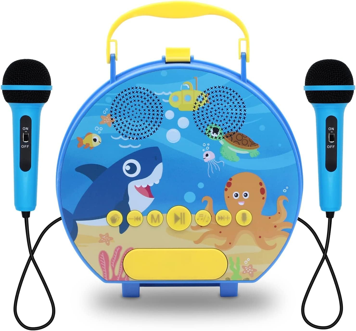 Kids Portable Karaoke with Two Microphones (Round, Blue Shark)