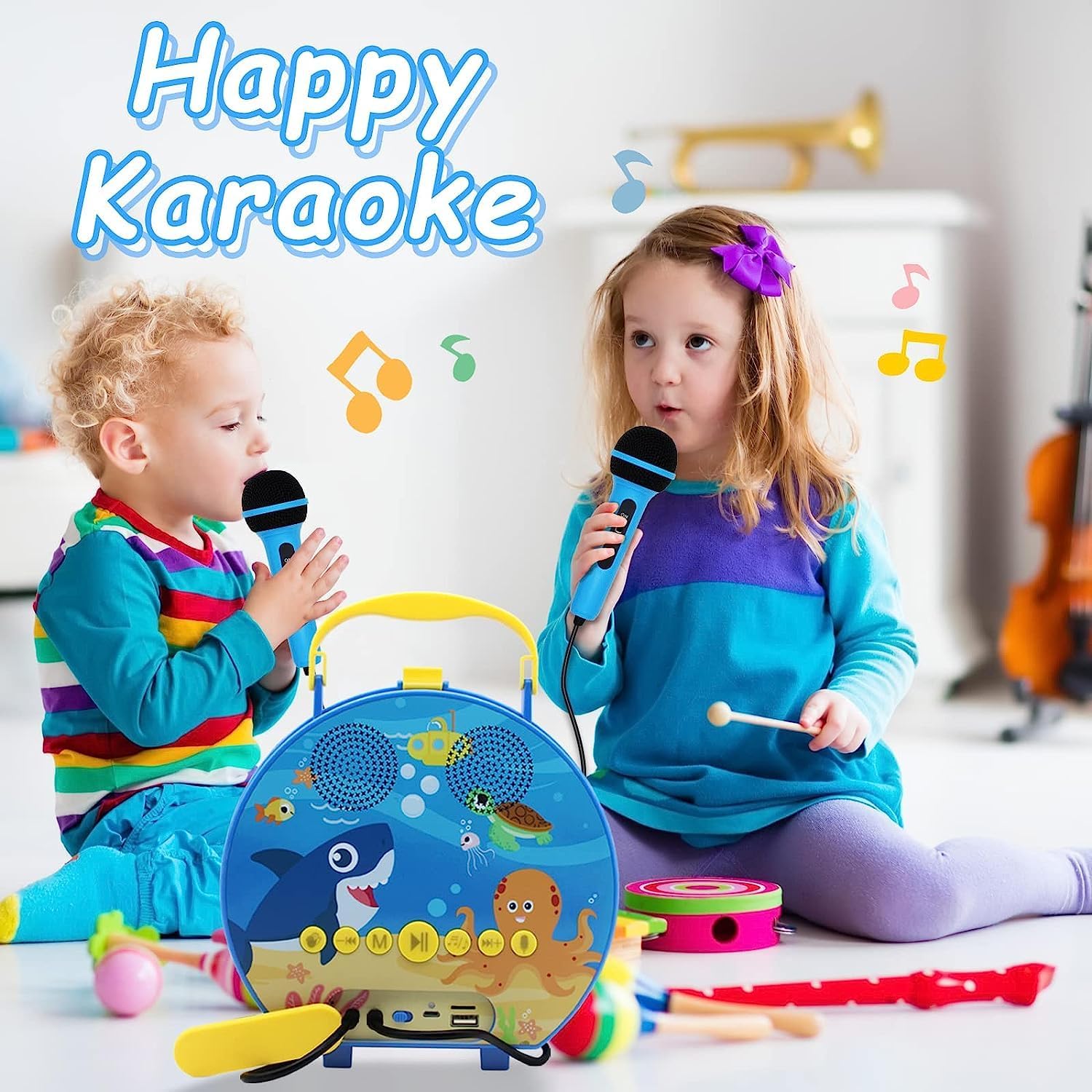 Kids Portable Karaoke with Two Microphones (Round, Blue Shark)