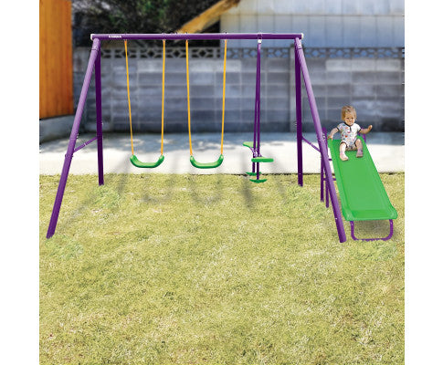 Kids 4-Seater Swing Set with Slide Purple Green
