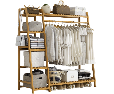 Clothes Rack Coat Garment Stand Bamboo Rail Hanger Airer Closet