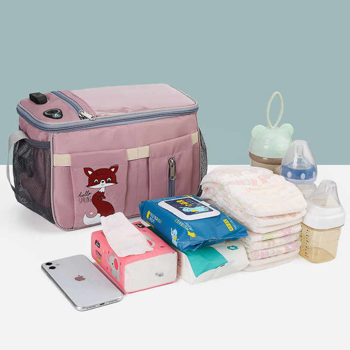 Pink Stroller Organizer Bag - Multi-Functional Baby Bag with Touchscreen Window, USB Port, and Bottle Holders