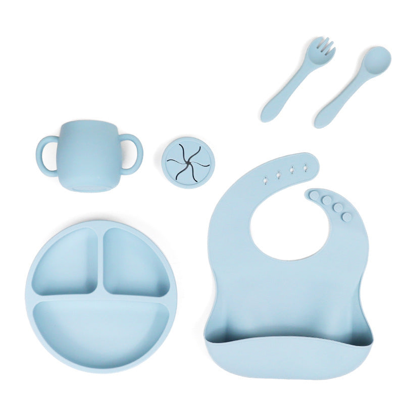 Blue Silicone Baby Feeding Set - Suction Plate, Bib, Cup & Utensils