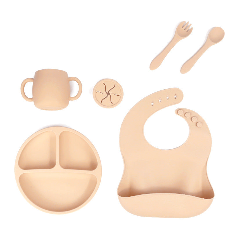 Beige Silicone Baby Feeding Set - Suction Plate, Bib, Cup & Utensils