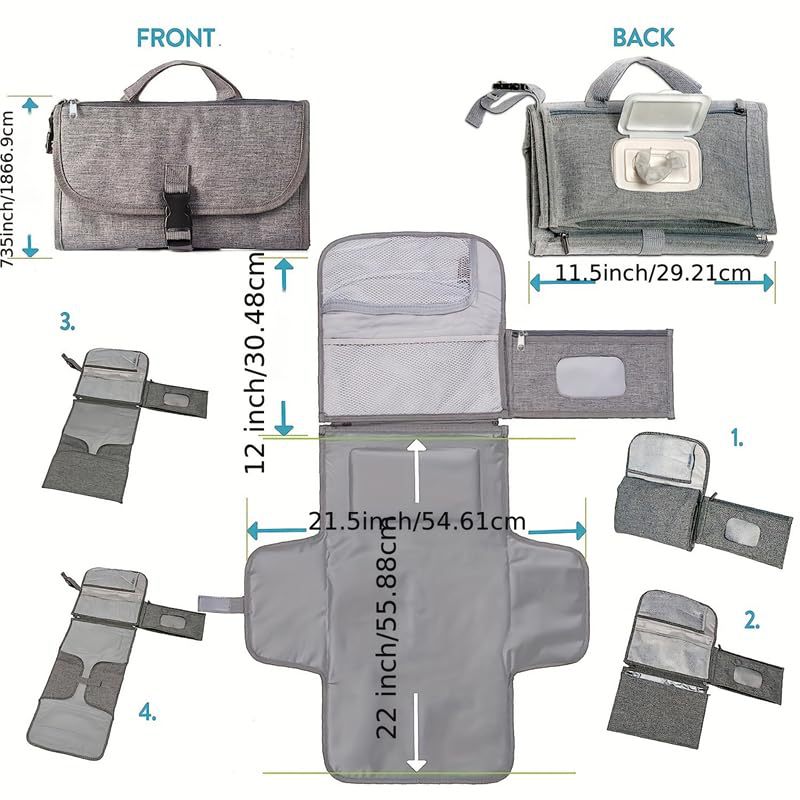 Grey Portable Baby Diaper Changing Pad with Storage Pockets