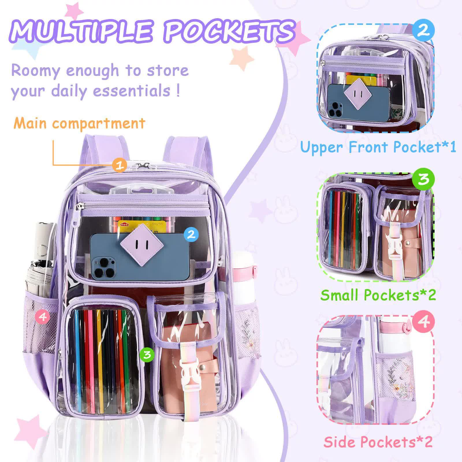 Pink Clear Transparent Backpack - Stylish PVC School Bag with Multiple Pockets