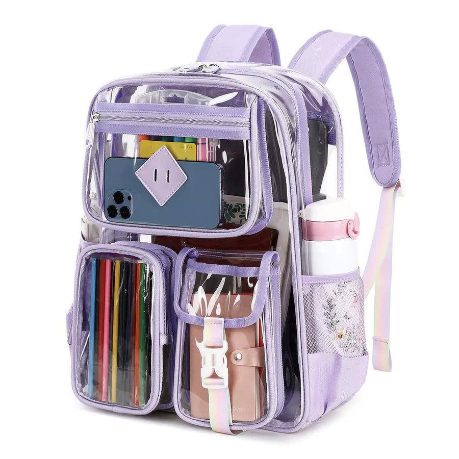 Purple Clear Transparent Backpack - Stylish PVC School Bag with Multiple Pockets