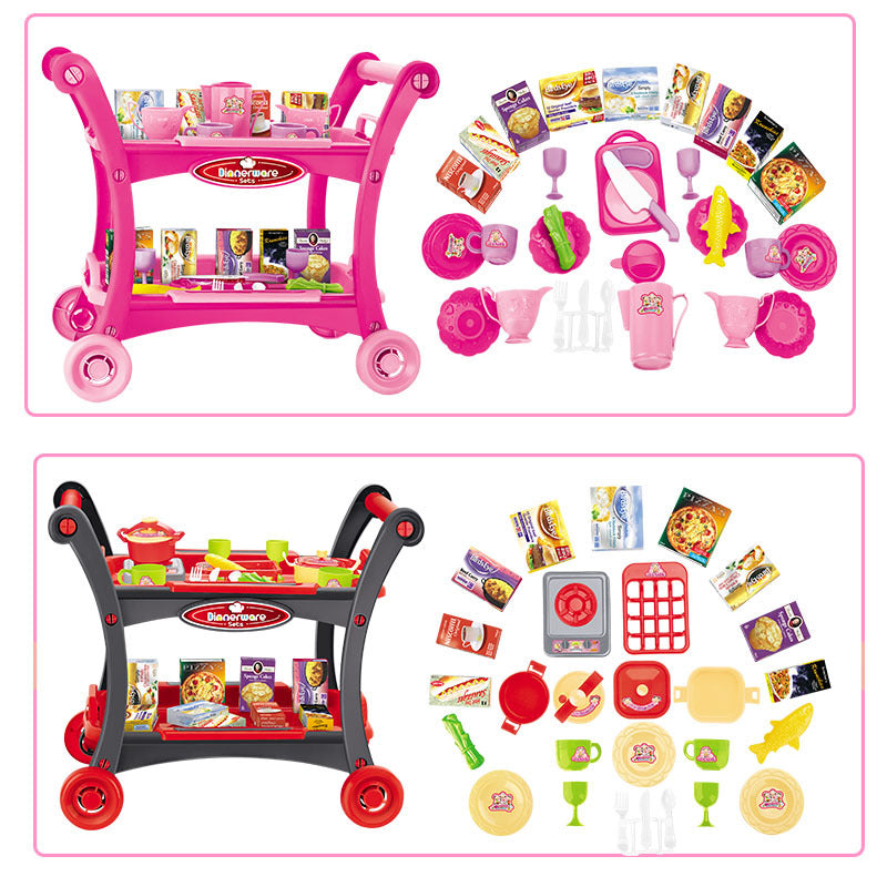 Pink Children's Pretend Play Kitchen Cart Set with Toys - Roleplay Cooking Set with Accessories - Educational Toy for Kids