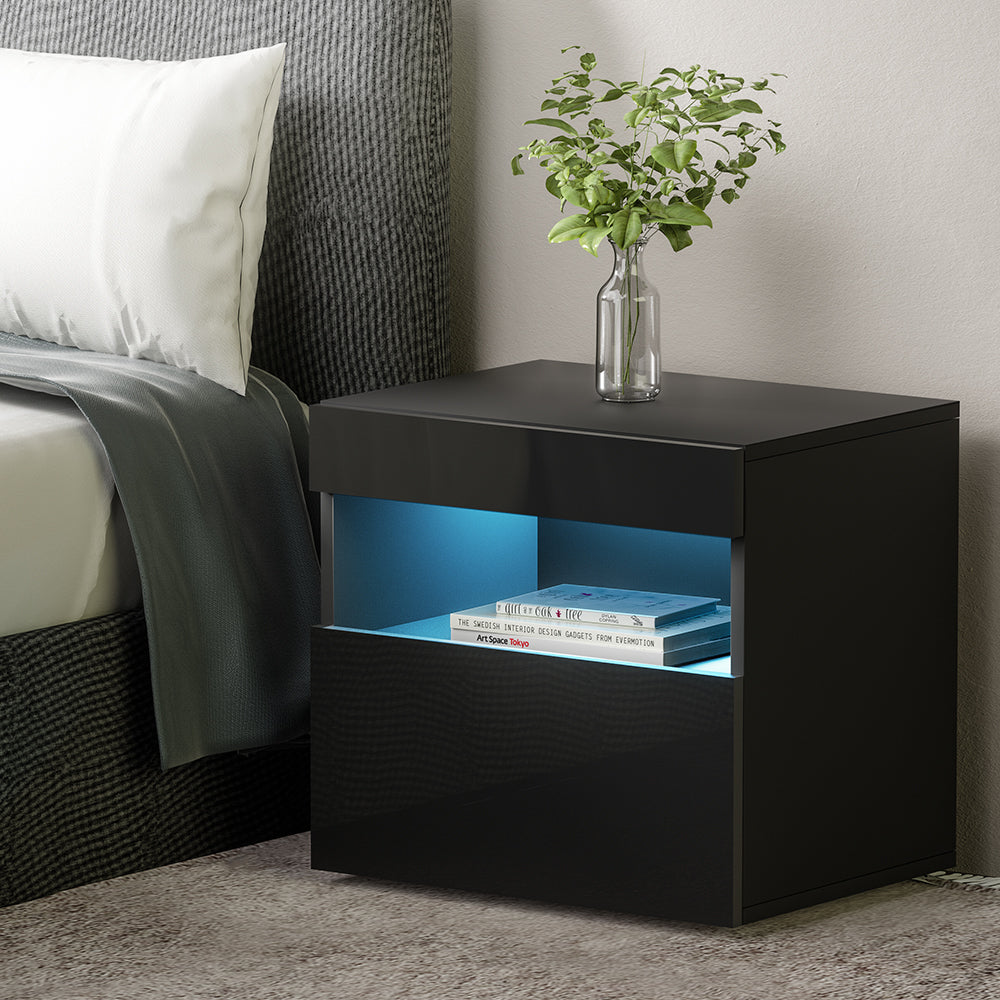 Bedside Tables Drawers Side Table RGB LED High Gloss Nightstand Black