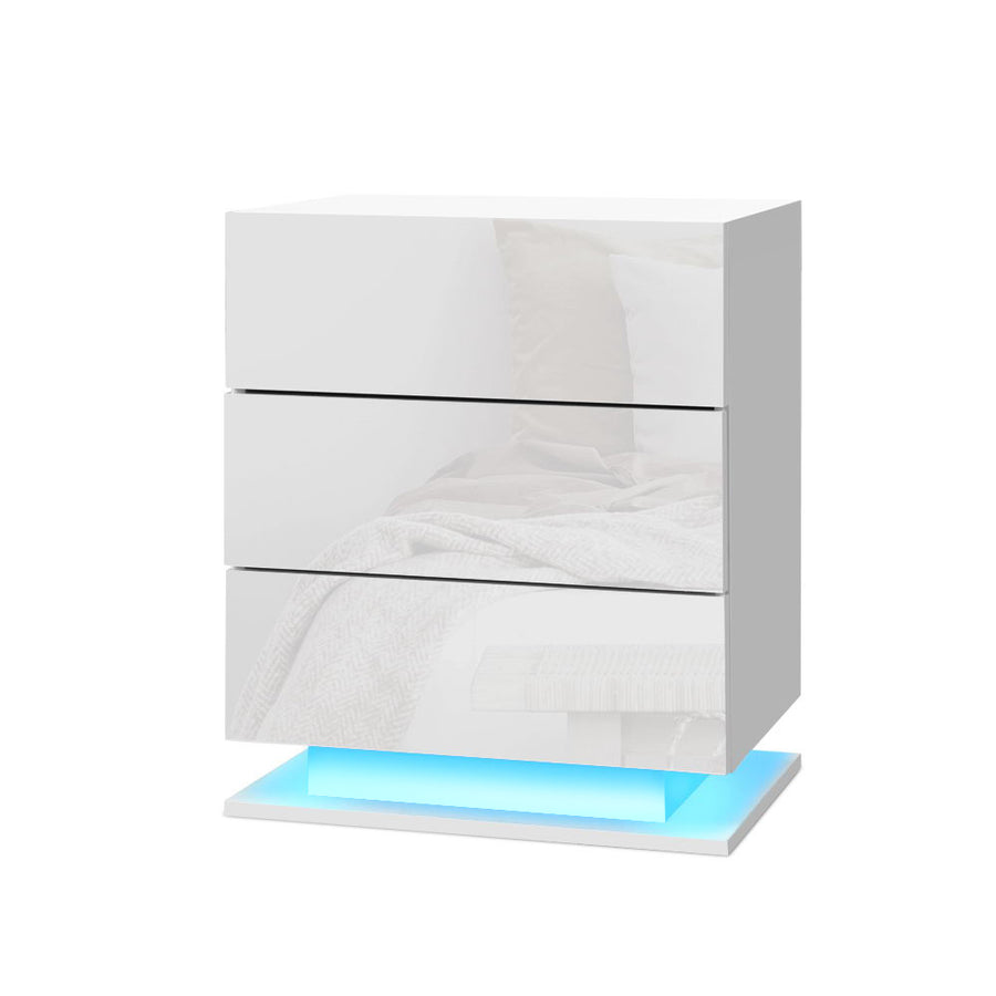 Tables Side Table RGB LED Lamp 3 Drawers Nightstand Gloss White