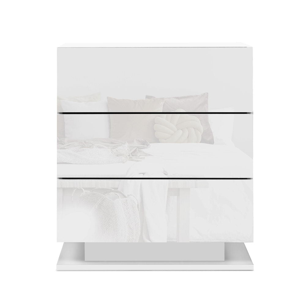 Tables Side Table RGB LED Lamp 3 Drawers Nightstand Gloss White