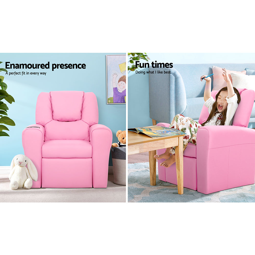 Kids Recliner Chair PU Leather Pink