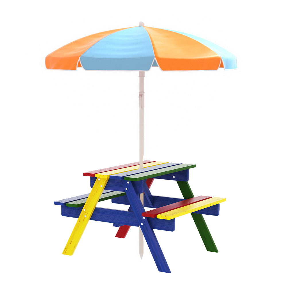 Kids Outdoor Table and Chairs Picnic Bench Seat Umbrella Colourful Wooden