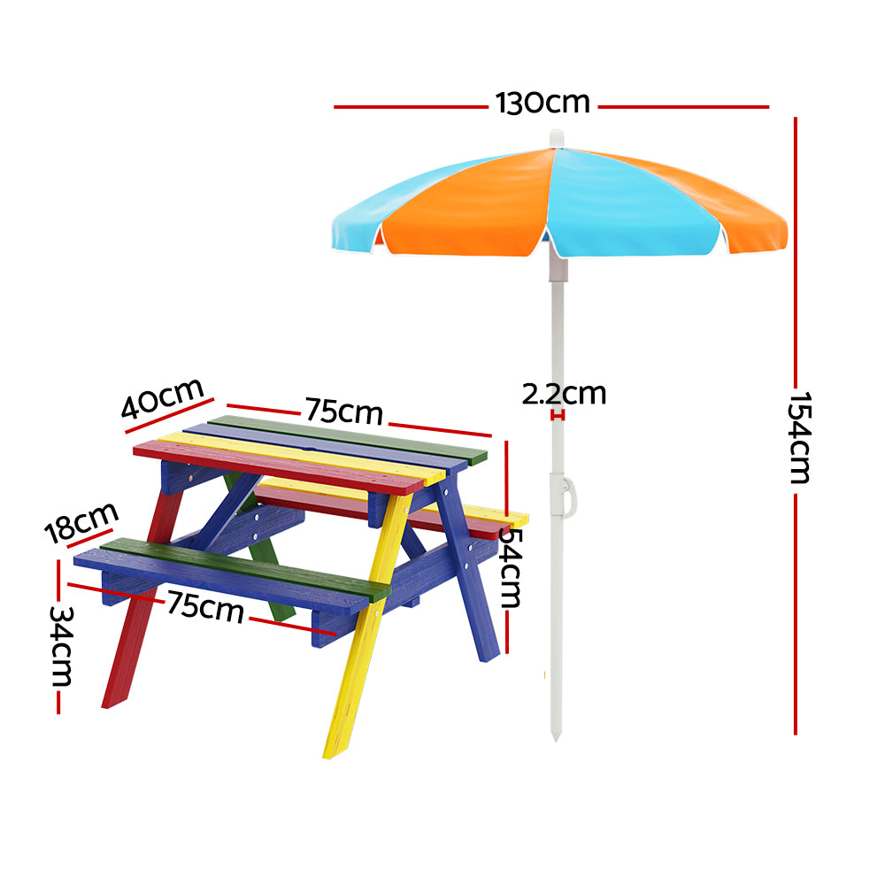 Kids Outdoor Table and Chairs Picnic Bench Seat Umbrella Colourful Wooden