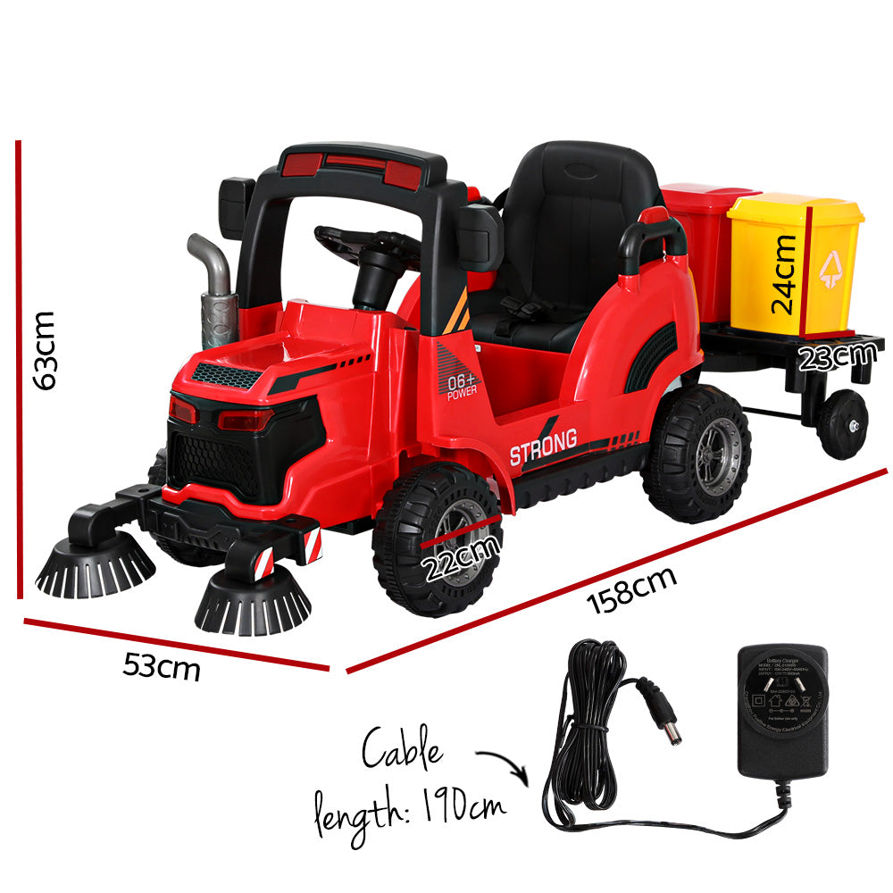 Rigo Kids Ride On Car Street Sweeper Truck w/Rotating Brushes Garbage Cans Red