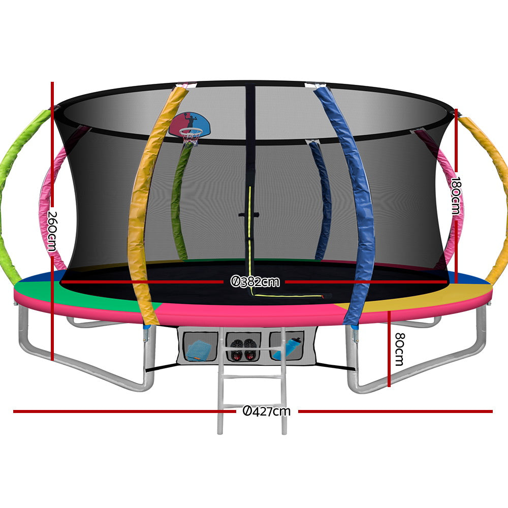 14FT Trampoline Round Trampolines With Basketball Hoop Kids Present Gift Enclosure Safety Net Pad Outdoor Multi-coloured