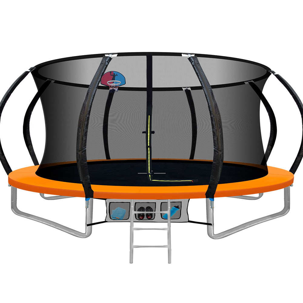 14FT Trampoline Round Trampolines With Basketball Hoop Kids Present Gift Enclosure Safety Net Pad Outdoor Orange