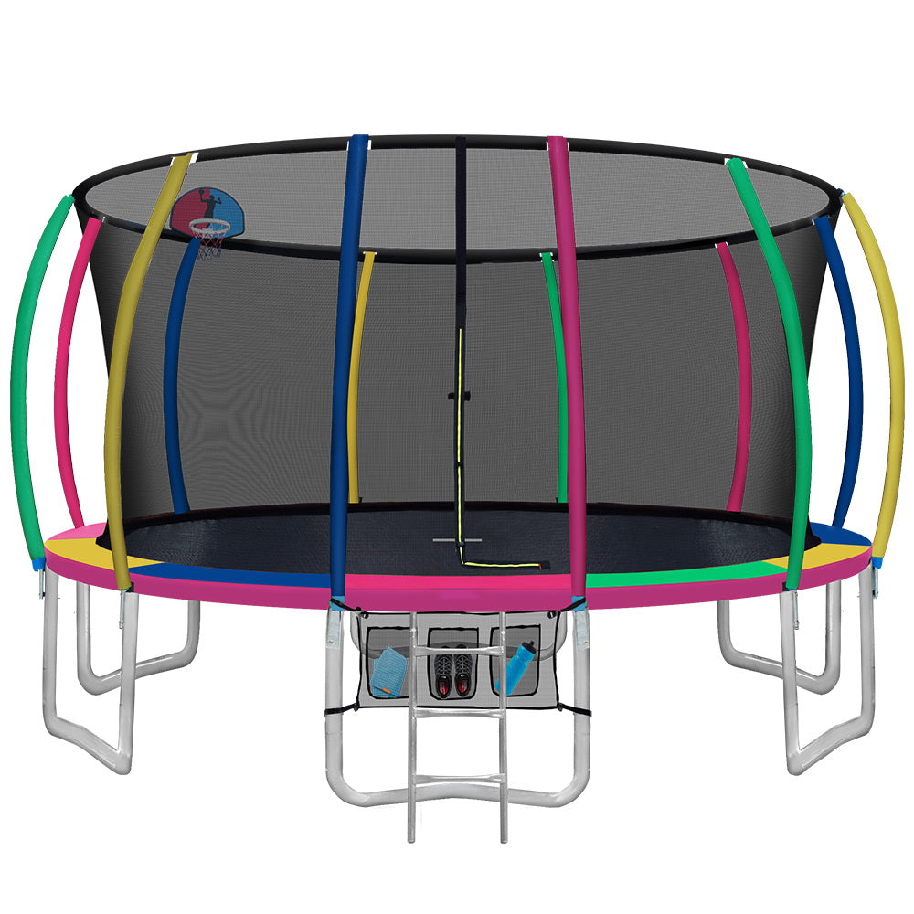 16FT Trampoline Round Trampolines With Basketball Hoop Kids Present Gift Enclosure Safety Net Pad Outdoor Multi-coloured