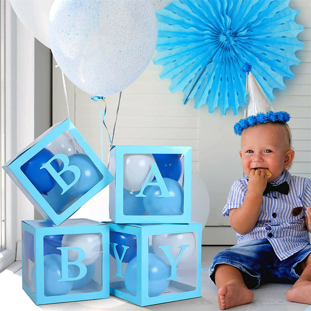 4PCS/Set BABY Balloon Box Cube Blue Boxes Birthday Boy Baby Shower Party