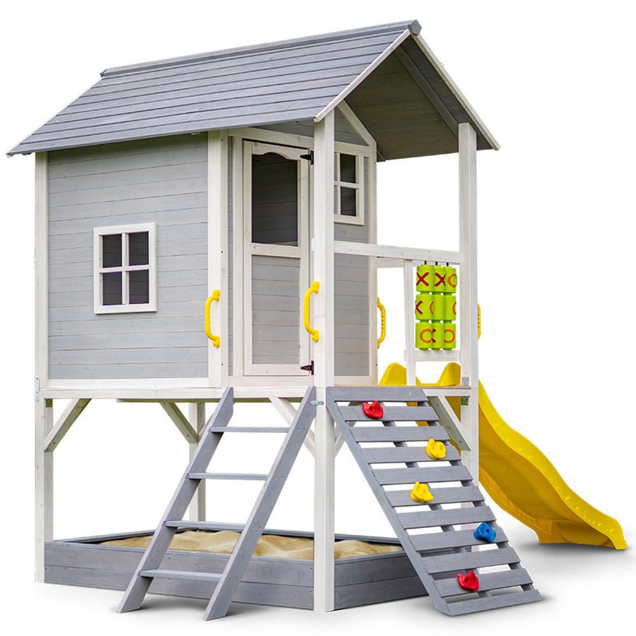 KIDS Wooden Tower Cubby House with Slide, Sandpit, Climbing Wall, Noughts & Crosses
