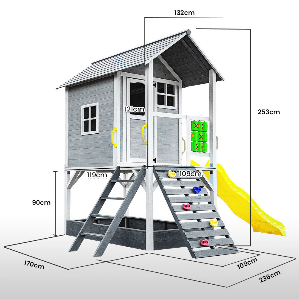 KIDS Wooden Tower Cubby House with Slide, Sandpit, Climbing Wall, Noughts & Crosses