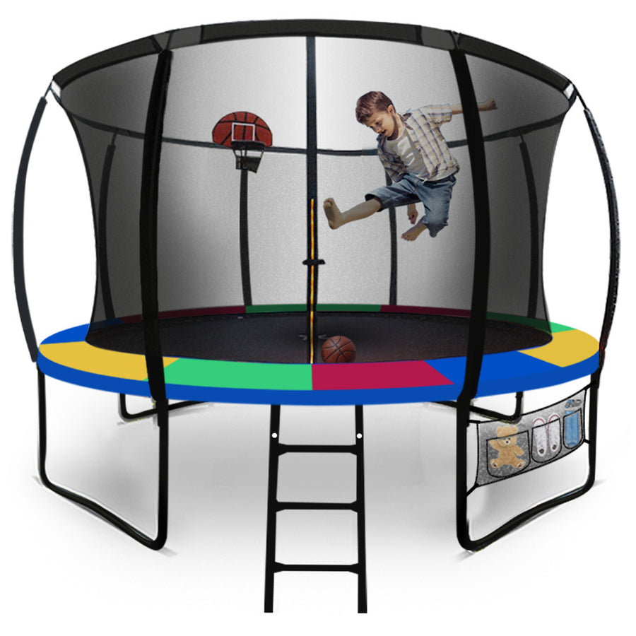 12ft Round Kids Trampoline with Curved Pole Design, Basketball Set and Sprinkler Accessory, Black and Multi-colour