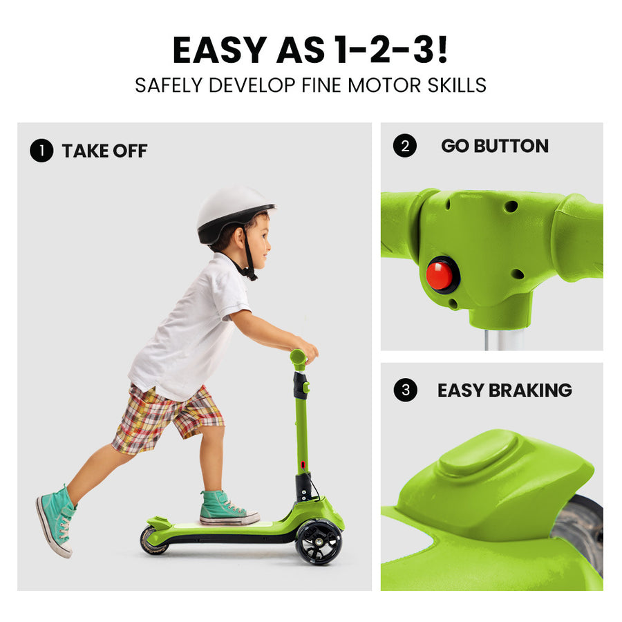 KIDS 3-Wheel Electric Scooter, Ages 3-8, Adjustable Height, Folding, Lithium Battery, Green