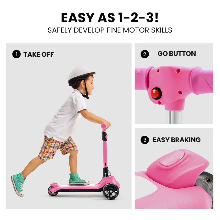 KIDS 3-Wheel Electric Scooter, Ages 3-8, Adjustable Height, Folding, Lithium Battery, Pink