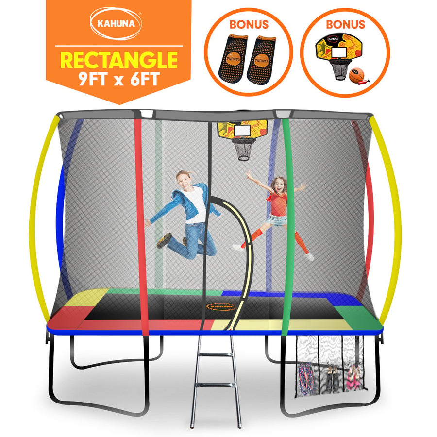 6ft X 9ft Outdoor Rectangular Rainbow Trampoline Safety Enclosure And Basketball Hoop Set