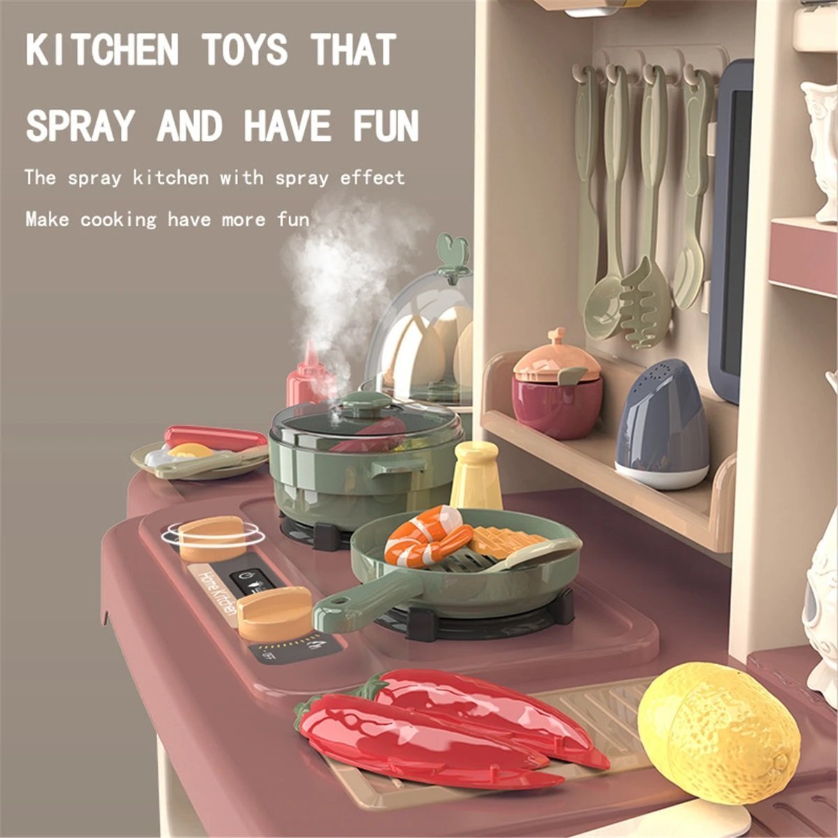 65pcs 93cm Children Kitchen Kitchenware Play Toy Simulation Steam Spray Cooking Set Cookware Tableware Gift Pink Color