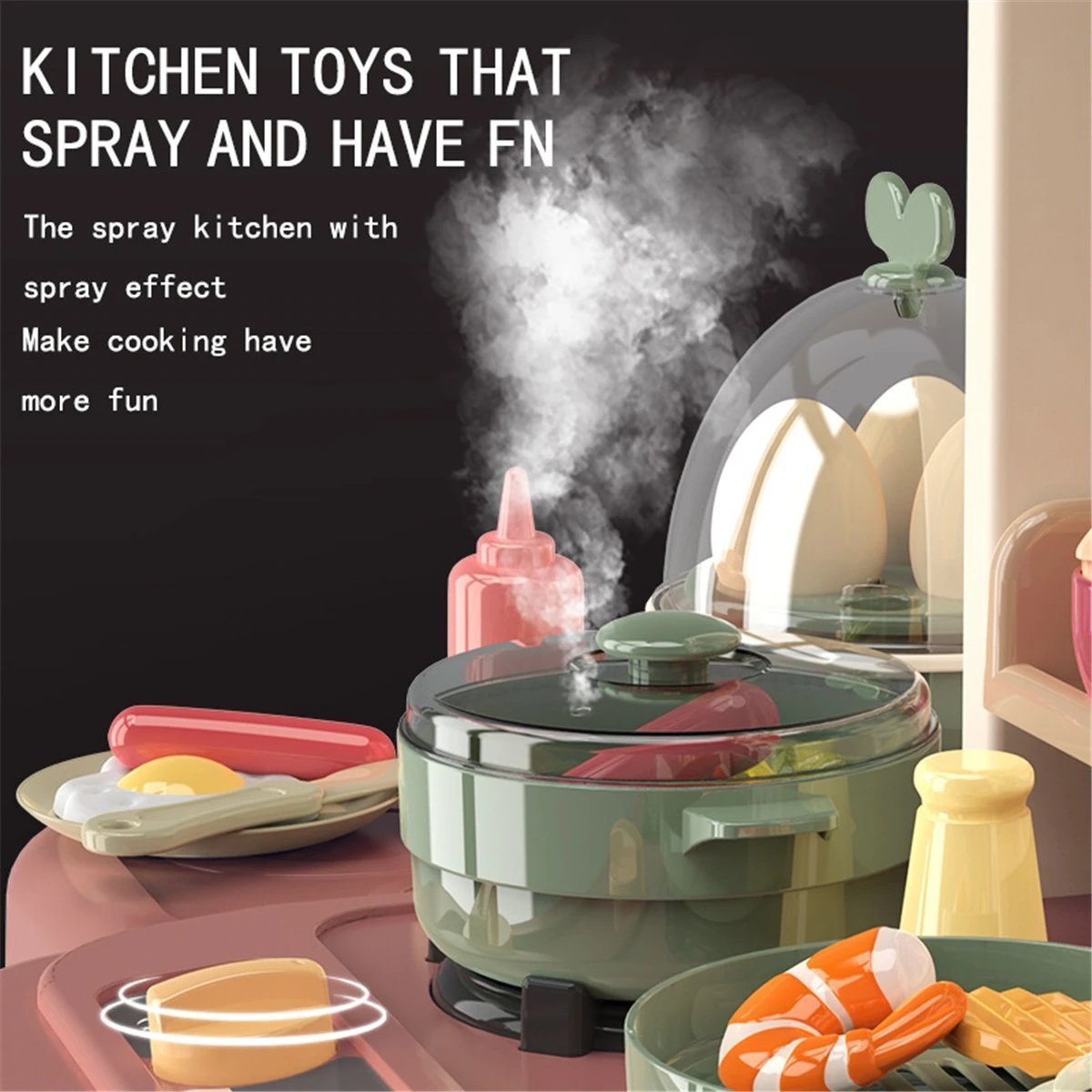 65pcs 93cm Children Kitchen Kitchenware Play Toy Simulation Steam Spray Cooking Set Cookware Tableware Gift Pink Color