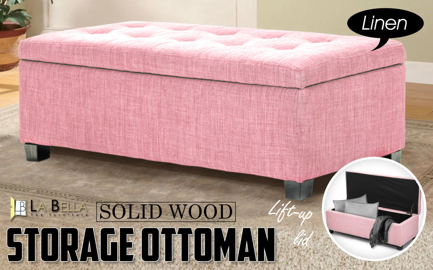 Pink Storage Ottoman Stool Fabric