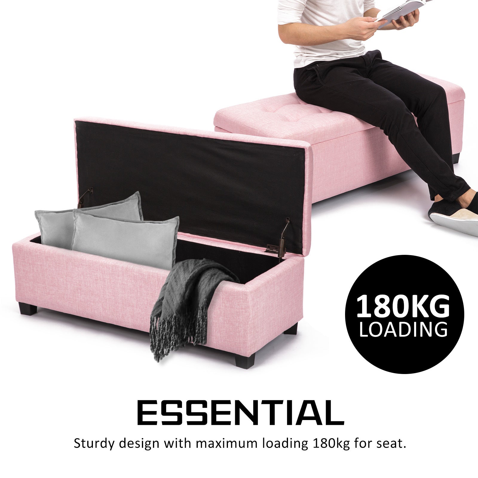 Pink Storage Ottoman Stool Fabric