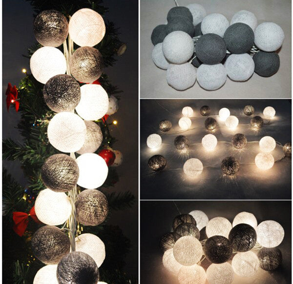 1 Set of 20 LED Black White 5cm Cotton Ball Battery Powered String Lights